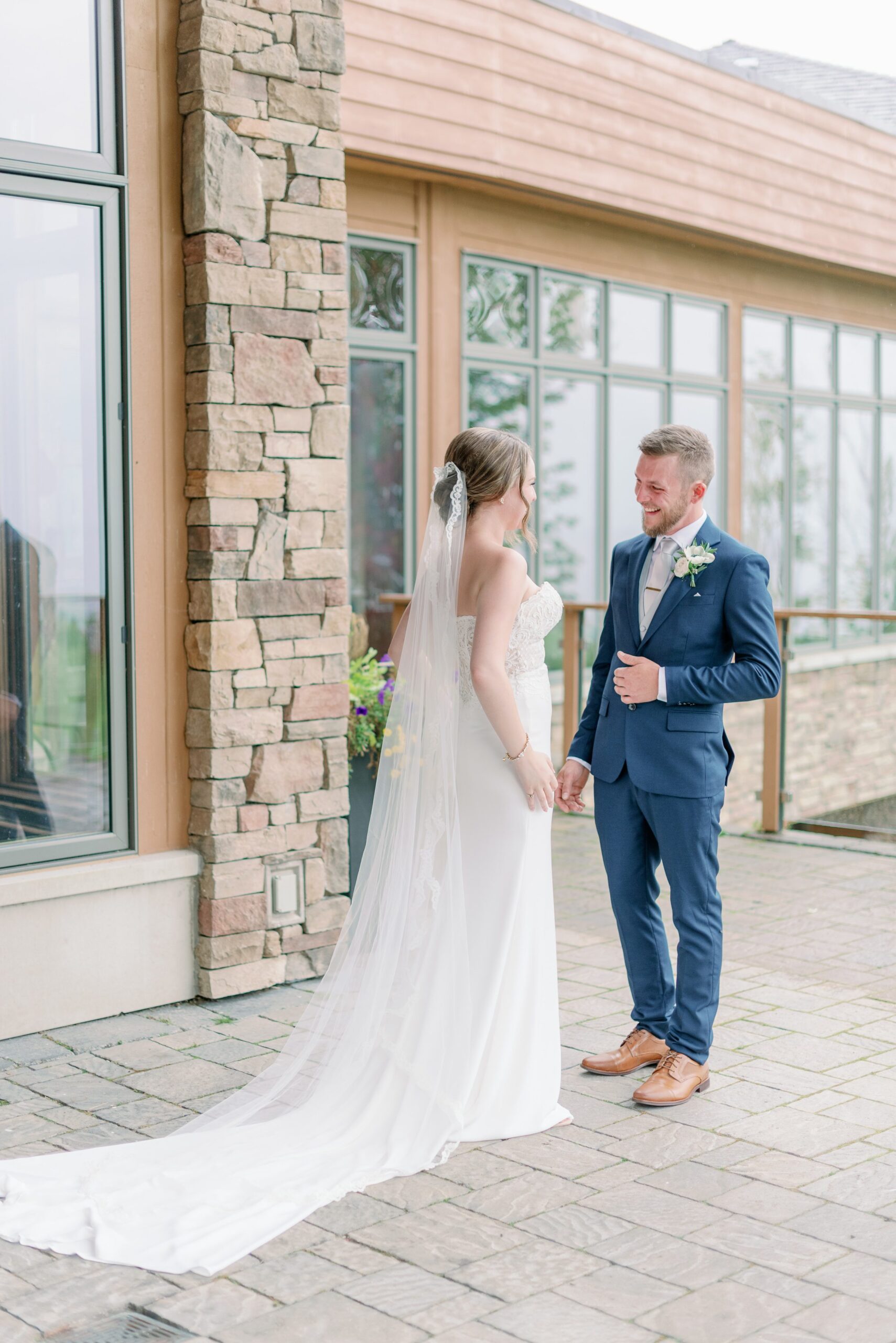 Emotional first look at Barrie wedding. Photographed by Maranda Elysse Photography.